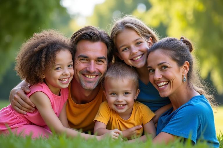 Potret keluarga yang ceria di taman